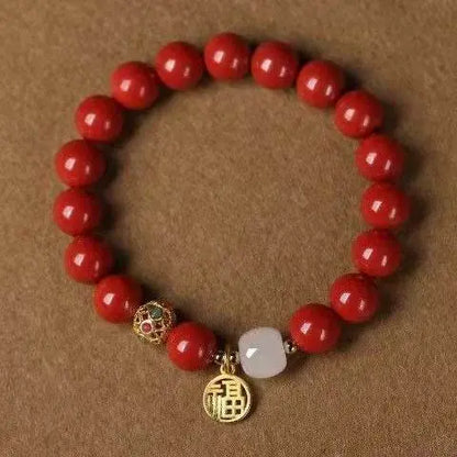 Natural Cinnabar & Hetian Jade Bracelet with Blessing Plate, Vintage - style Jewelry - STAR8S