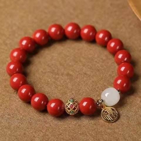 natural cinnabar & hetian jade bracelet with blessing plate, vintage - style jewelry - star8s
