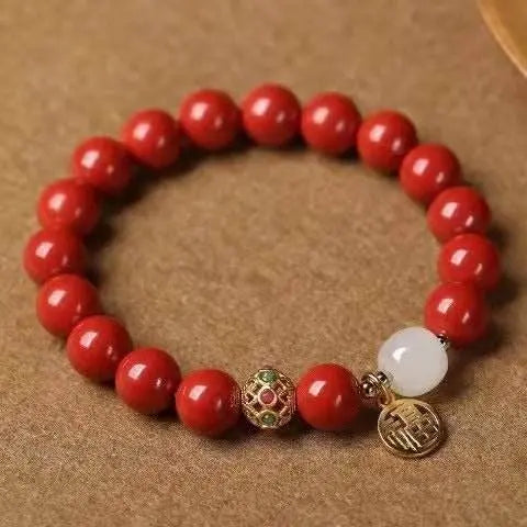 Natural Cinnabar & Hetian Jade Bracelet with Blessing Plate, Vintage - style Jewelry - STAR8S