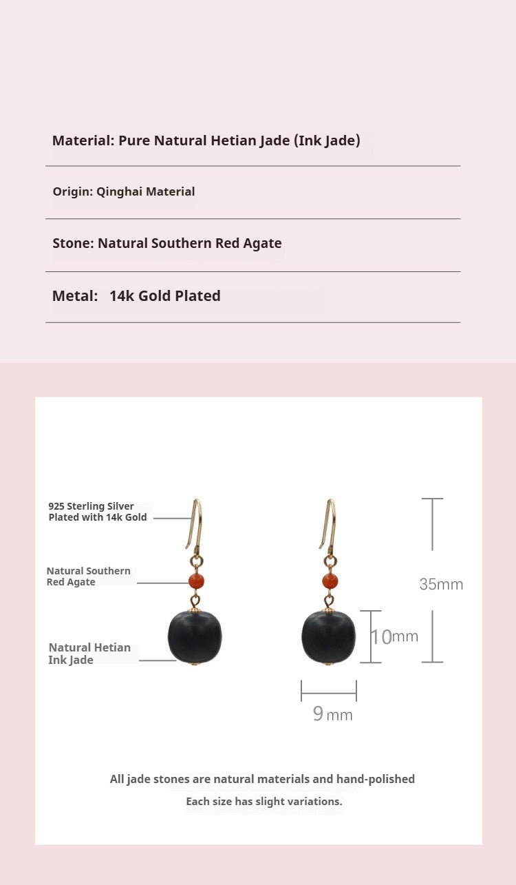 natural hetian jade hook earrings with ink jade & south red agate – vintage women’s jewelry - star8s