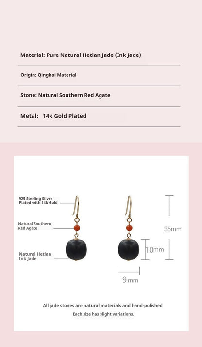 Natural Hetian Jade Hook Earrings with Ink Jade & South Red Agate – Vintage Women’s Jewelry - STAR8S
