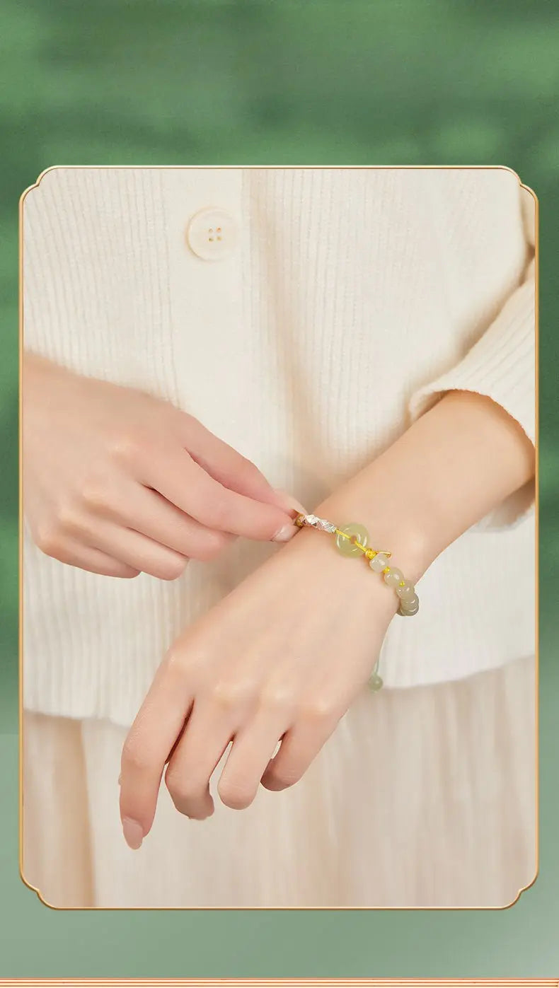 natural hetian jade peace amulet bracelet – string braided with silver charm | good luck gift for women - star8s