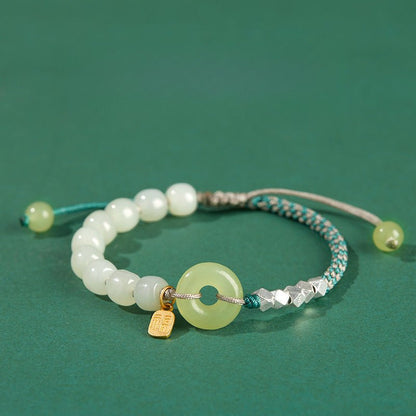 Natural Hetian Jade Peace Amulet Bracelet – String Braided with Silver Charm | Good Luck Gift for Women - STAR8S