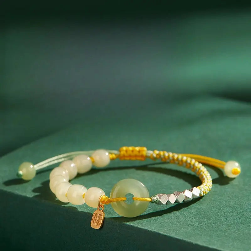 natural hetian jade peace amulet bracelet – string braided with silver charm | good luck gift for women - star8s