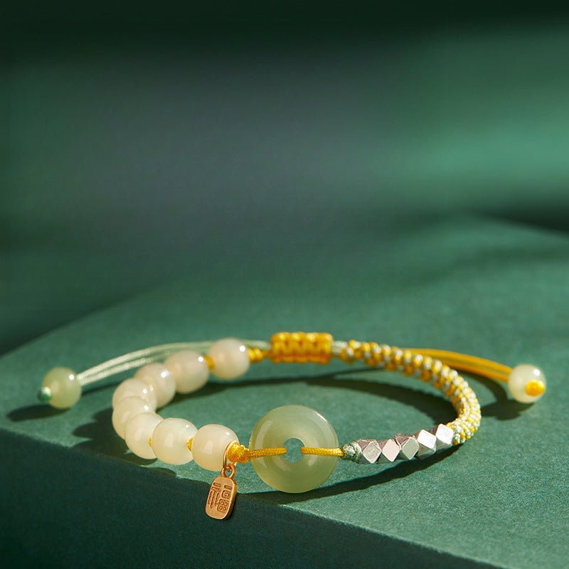 natural hetian jade peace amulet bracelet – string braided with silver charm | good luck gift for women - star8s