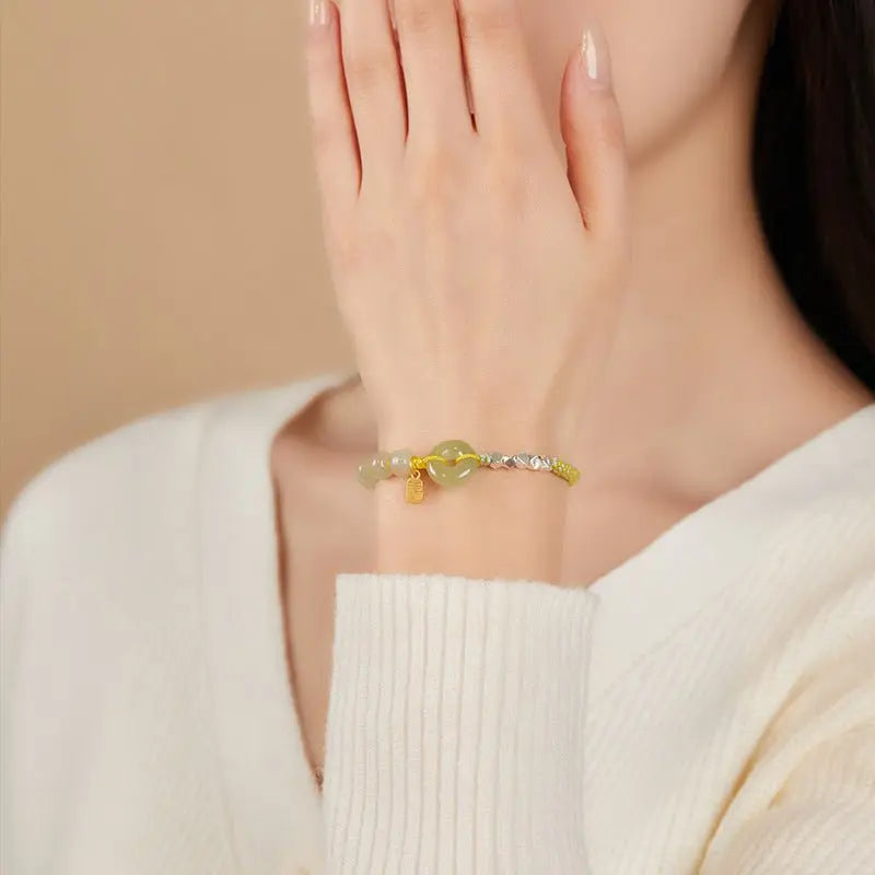Natural Hetian Jade Peace Amulet Bracelet – String Braided with Silver Charm | Good Luck Gift for Women - STAR8S