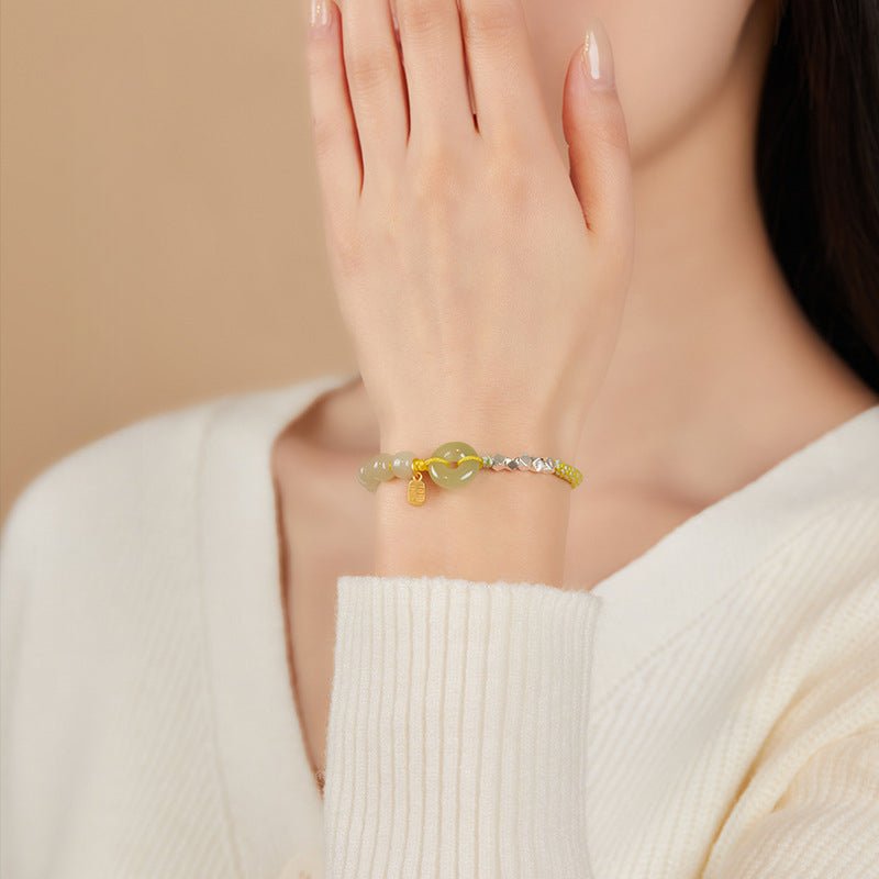 Natural Hetian Jade Peace Amulet Bracelet – String Braided with Silver Charm | Good Luck Gift for Women - STAR8S