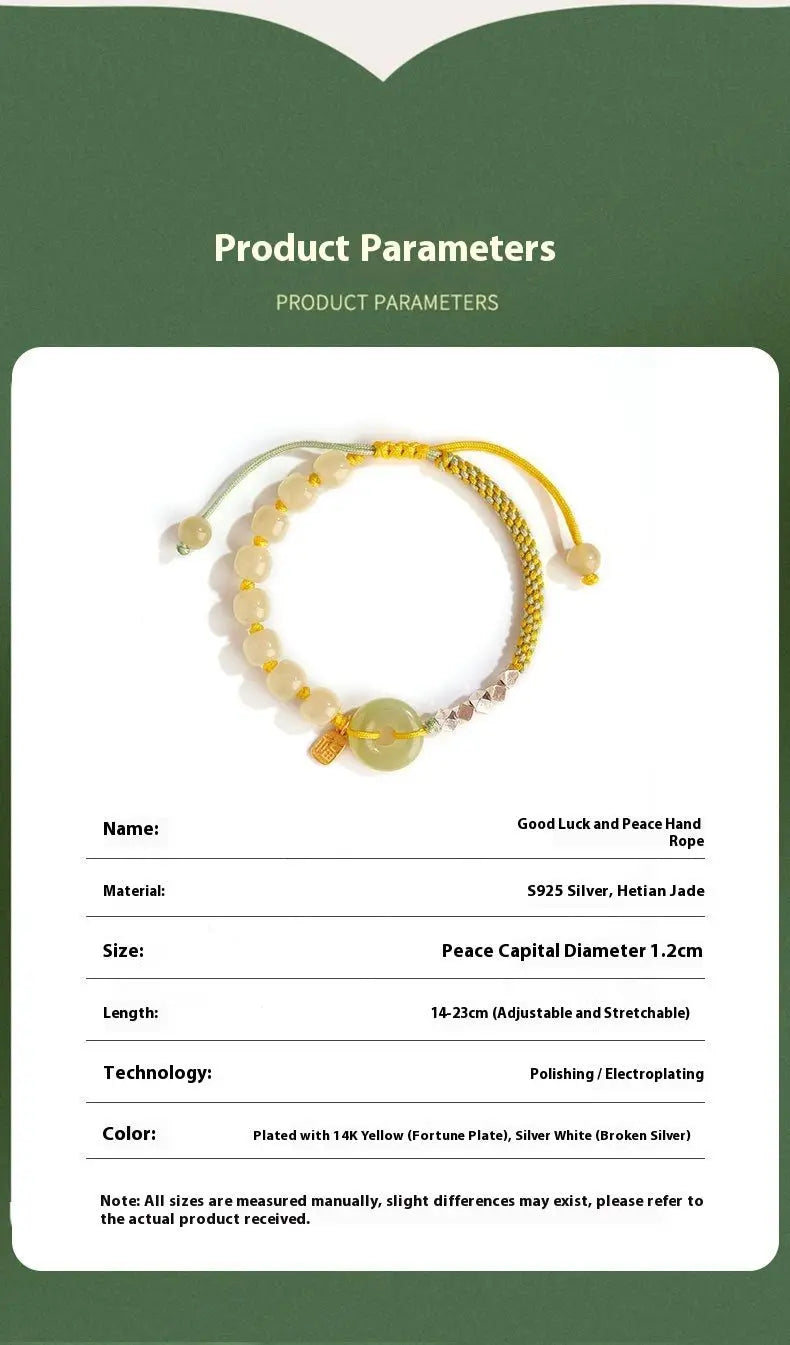 natural hetian jade peace amulet bracelet – string braided with silver charm | good luck gift for women - star8s