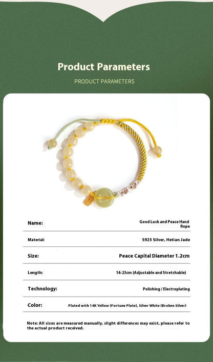Natural Hetian Jade Peace Amulet Bracelet – String Braided with Silver Charm | Good Luck Gift for Women - STAR8S