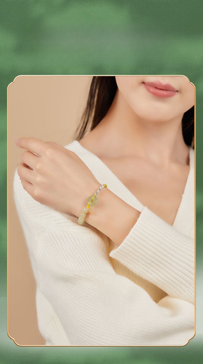 natural hetian jade peace amulet bracelet – string braided with silver charm | good luck gift for women - star8s