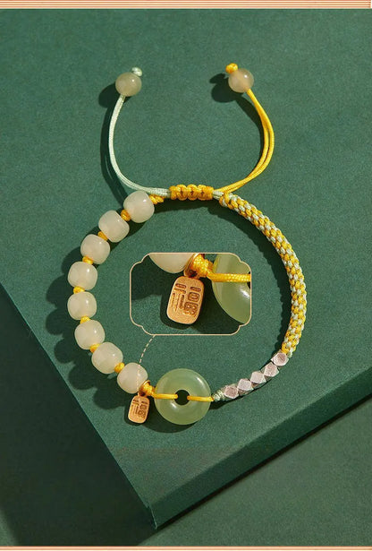 Natural Hetian Jade Peace Amulet Bracelet – String Braided with Silver Charm | Good Luck Gift for Women - STAR8S