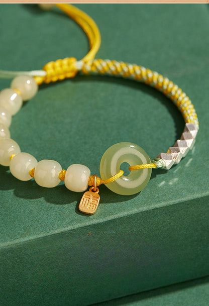 Natural Hetian Jade Peace Amulet Bracelet – String Braided with Silver Charm | Good Luck Gift for Women - STAR8S