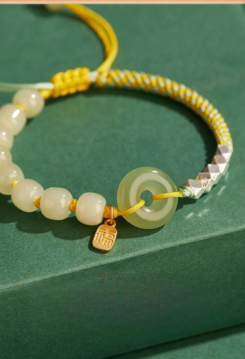 natural hetian jade peace amulet bracelet – string braided with silver charm | good luck gift for women - star8s