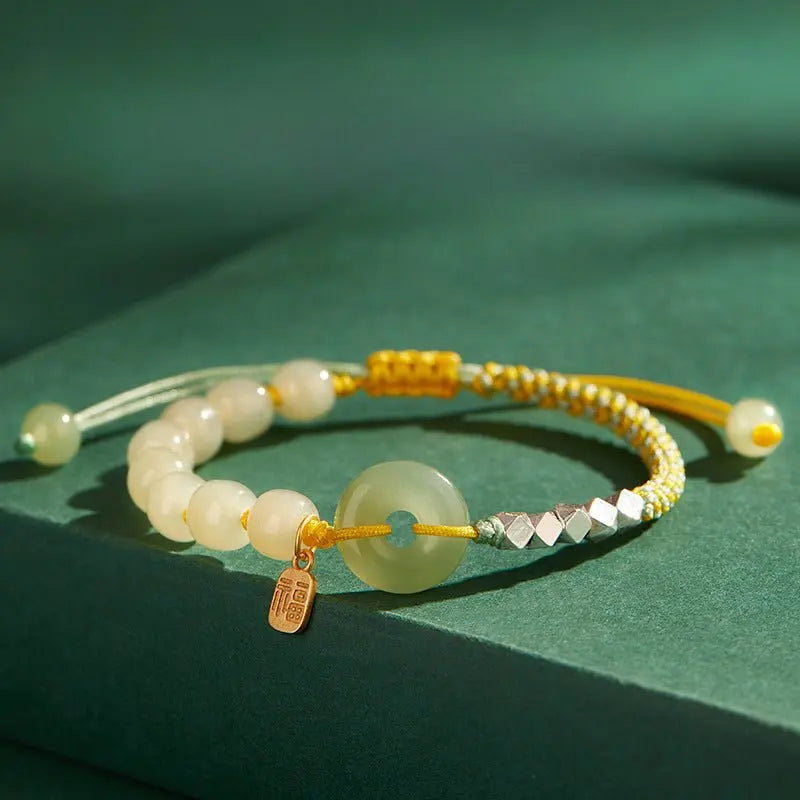 Natural Hetian Jade Peace Amulet Bracelet – String Braided with Silver Charm | Good Luck Gift for Women - STAR8S