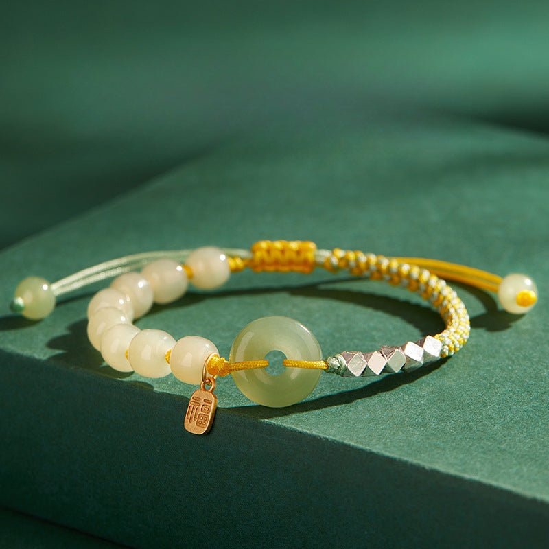 Natural Hetian Jade Peace Amulet Bracelet – String Braided with Silver Charm | Good Luck Gift for Women - STAR8S
