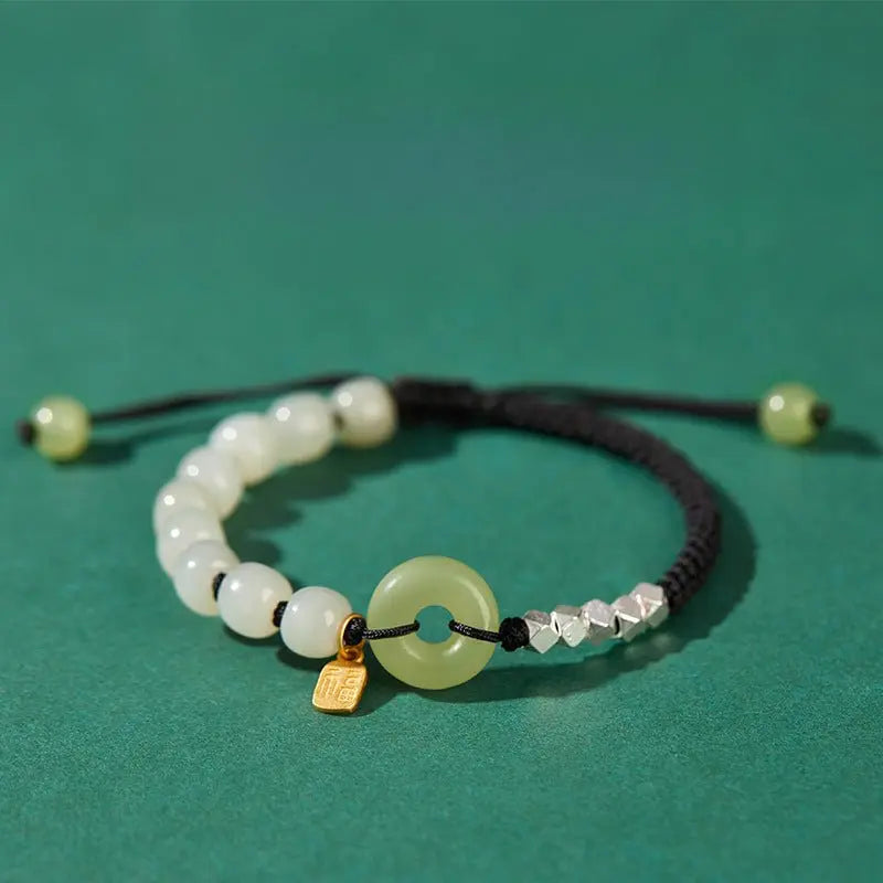 Natural Hetian Jade Peace Amulet Bracelet – String Braided with Silver Charm | Good Luck Gift for Women - STAR8S