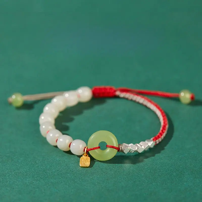 natural hetian jade peace amulet bracelet – string braided with silver charm | good luck gift for women - star8s