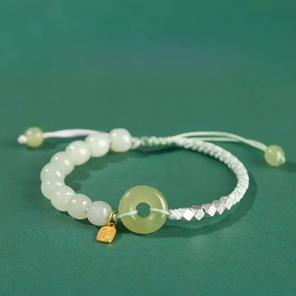 Natural Hetian Jade Peace Amulet Bracelet – String Braided with Silver Charm | Good Luck Gift for Women - STAR8S
