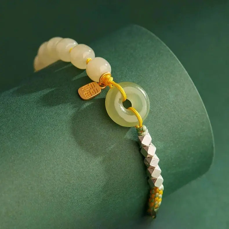 Natural Hetian Jade Peace Amulet Bracelet – String Braided with Silver Charm | Good Luck Gift for Women - STAR8S