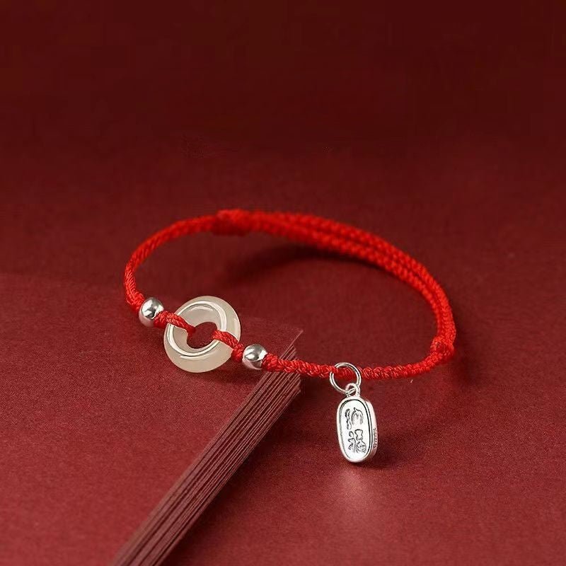 Natural Hetian Jade Ping’an Donut Red String Bracelet – 999 Silver Charm, Zodiac New‑Year Protection - STAR8S