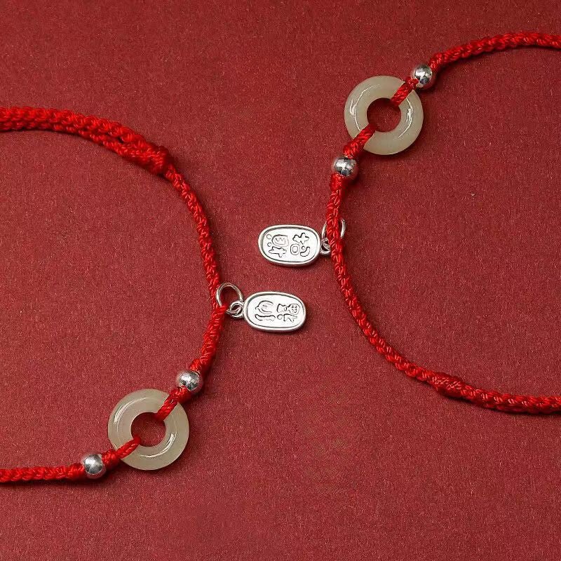 Natural Hetian Jade Ping’an Donut Red String Bracelet – 999 Silver Charm, Zodiac New‑Year Protection - STAR8S