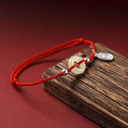 Natural Hetian Jade Ping’an Donut Red String Bracelet – 999 Silver Charm, Zodiac New‑Year Protection - STAR8S