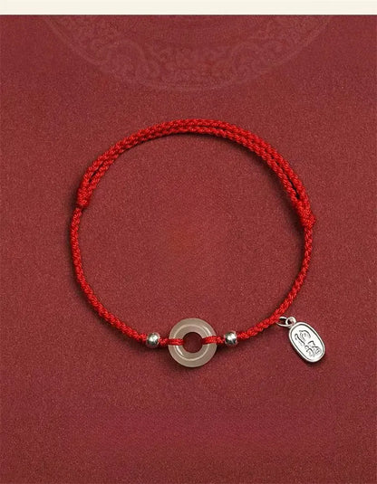 Natural Hetian Jade Ping’an Donut Red String Bracelet – 999 Silver Charm, Zodiac New‑Year Protection - STAR8S