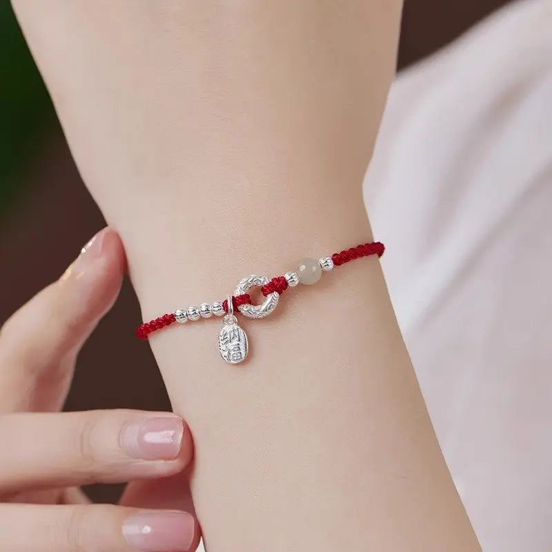 Natural Hetian Jade & 925 Silver Red String Bracelet with Peace Knot – Handmade, Couple Gift, Vintage Style - STAR8S