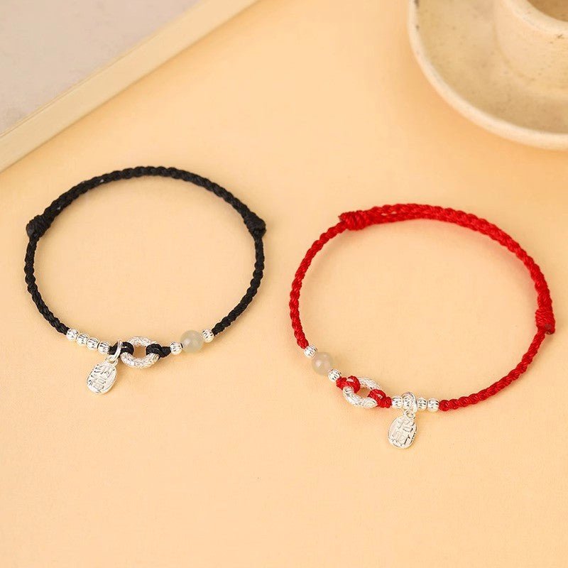 Natural Hetian Jade & 925 Silver Red String Bracelet with Peace Knot – Handmade, Couple Gift, Vintage Style - STAR8S