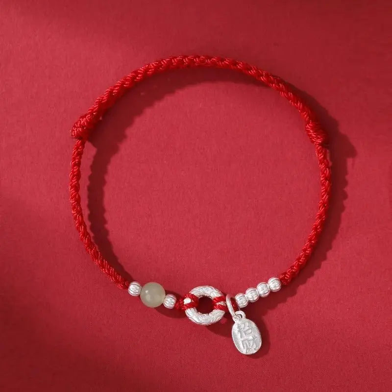 Natural Hetian Jade & 925 Silver Red String Bracelet with Peace Knot – Handmade, Couple Gift, Vintage Style - STAR8S