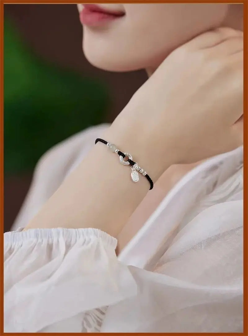 natural hetian jade & 925 silver red string bracelet with peace knot – handmade, couple gift, vintage style - star8s