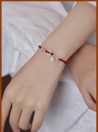 Natural Hetian Jade & 925 Silver Red String Bracelet with Peace Knot – Handmade, Couple Gift, Vintage Style - STAR8S