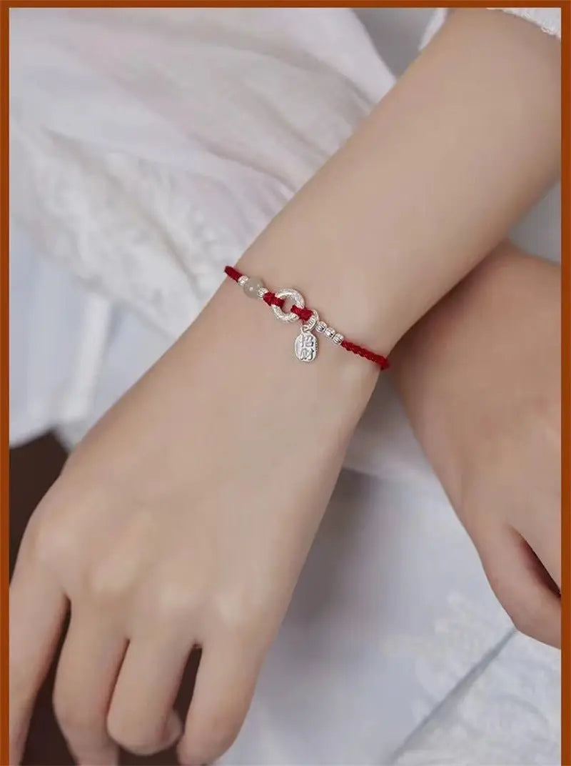 natural hetian jade & 925 silver red string bracelet with peace knot – handmade, couple gift, vintage style - star8s