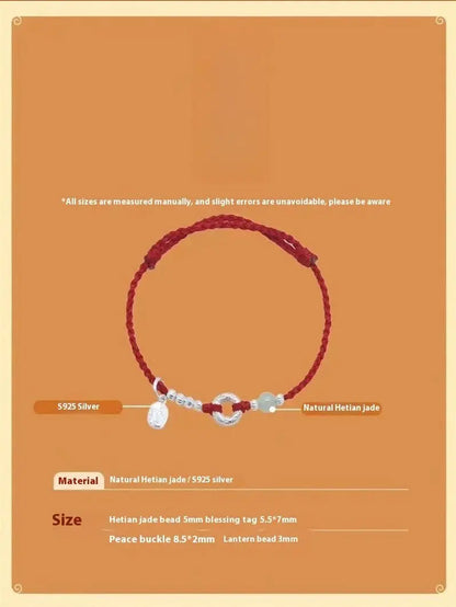 Natural Hetian Jade & 925 Silver Red String Bracelet with Peace Knot – Handmade, Couple Gift, Vintage Style - STAR8S