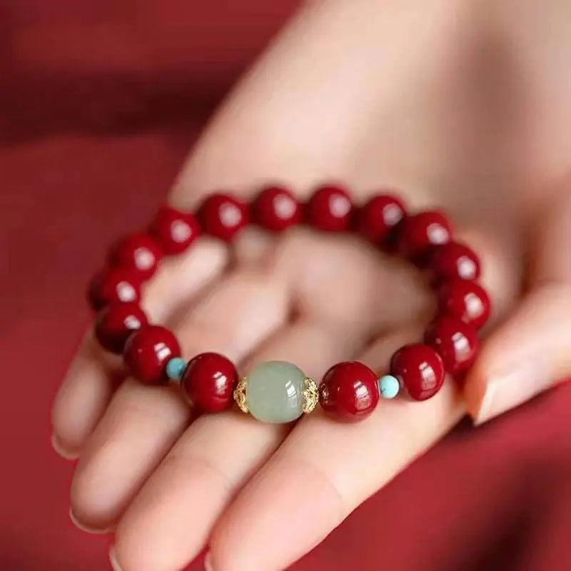 natural high - content cinnabar & hetian jade bead bracelet, traditional chinese style jewelry - star8s