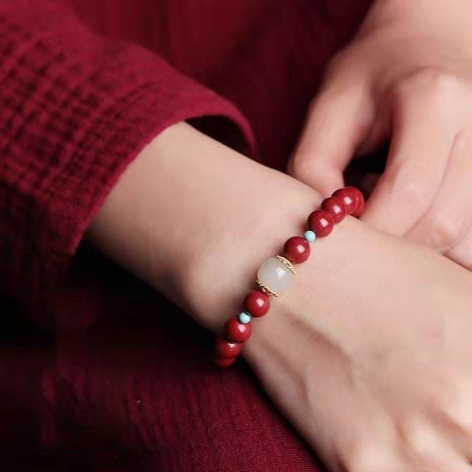 natural high - content cinnabar & hetian jade bead bracelet, traditional chinese style jewelry - star8s