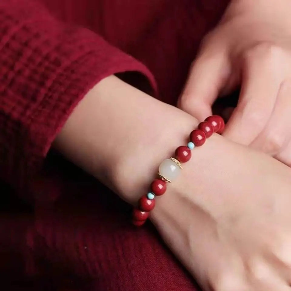 natural high - content cinnabar & hetian jade bead bracelet, traditional chinese style jewelry - star8s