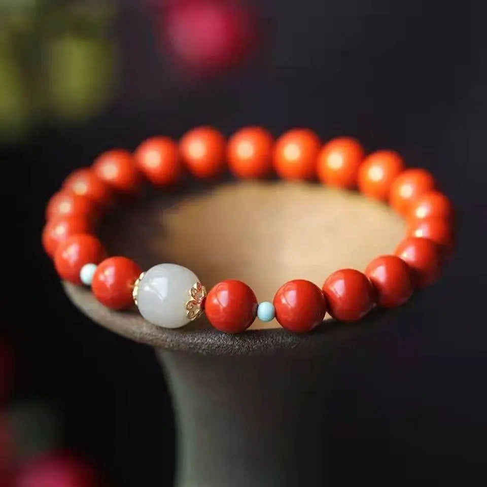 Natural High - content Cinnabar & Hetian Jade Bead Bracelet, Traditional Chinese Style Jewelry - STAR8S