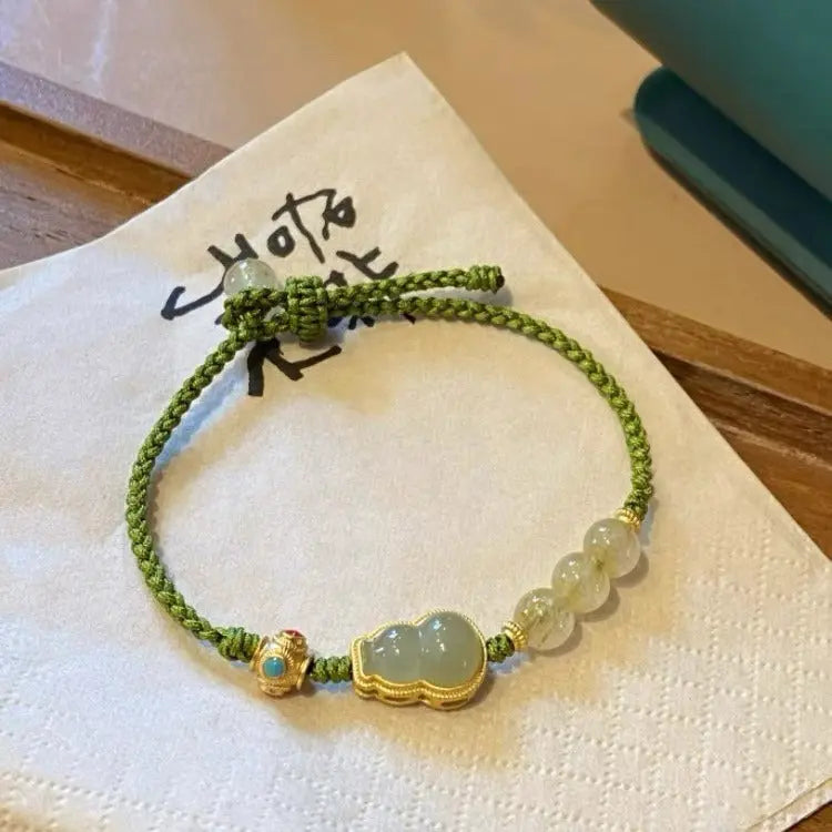 Natural Jade Gourd Beaded Bracelet – 925 Sterling Silver & Rutilated Quartz Charm STAR8S