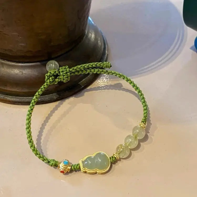 Natural Jade Gourd Beaded Bracelet – 925 Sterling Silver & Rutilated Quartz Charm STAR8S