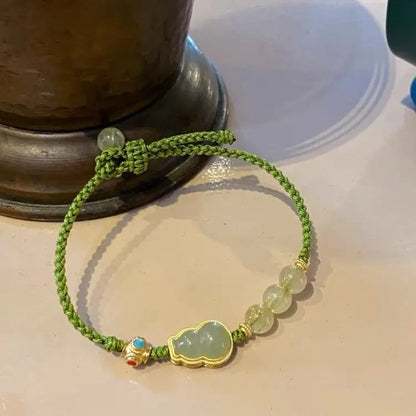 Natural Jade Gourd Beaded Bracelet – 925 Sterling Silver & Rutilated Quartz Charm STAR8S