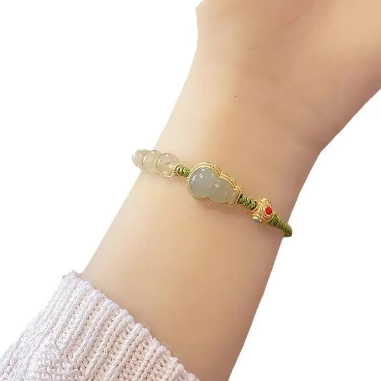 Natural Jade Gourd Beaded Bracelet – 925 Sterling Silver & Rutilated Quartz Charm STAR8S