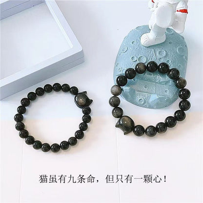 Natural Silver Obsidian Couple Bracelet, Niche Design for Long - distance Love - STAR8S