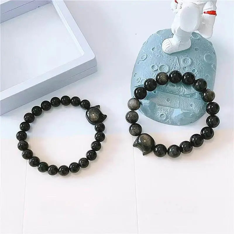 natural silver obsidian couple bracelet, niche design for long - distance love - star8s