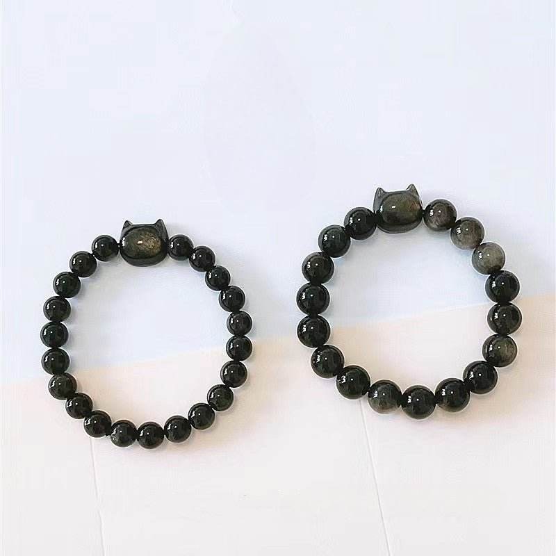 natural silver obsidian couple bracelet, niche design for long - distance love - star8s