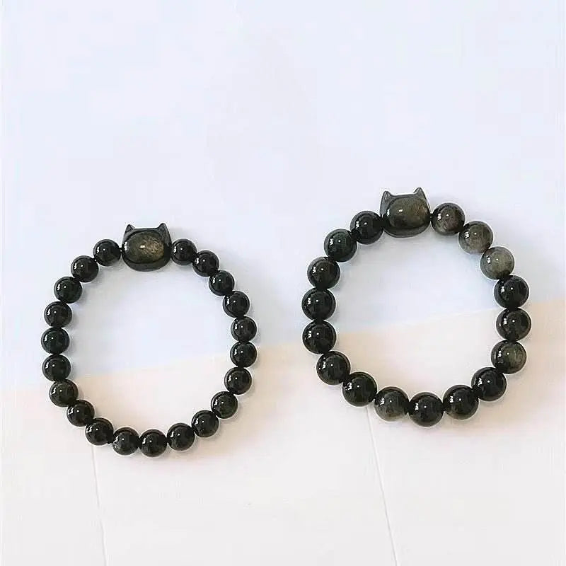 Natural Silver Obsidian Couple Bracelet, Niche Design for Long - distance Love - STAR8S