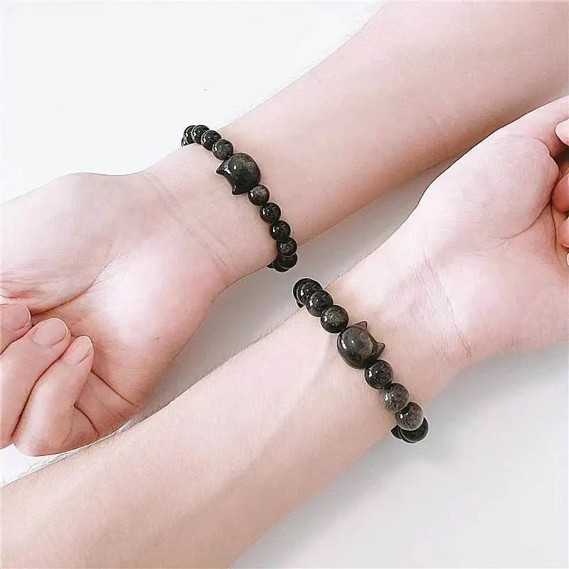 Natural Silver Obsidian Couple Bracelet, Niche Design for Long - distance Love - STAR8S