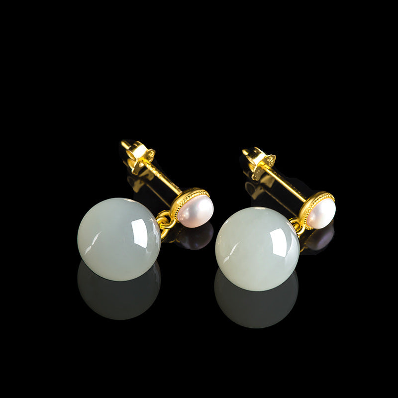 elegant hetian jade & pearl stud earrings | s925 silver inlay | stylish and simple design