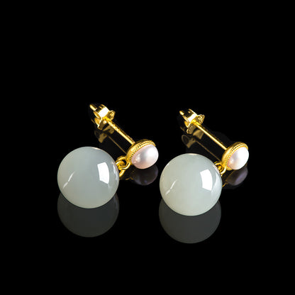 Elegant Hetian Jade & Pearl Stud Earrings | S925 Silver Inlay | Stylish and Simple Design