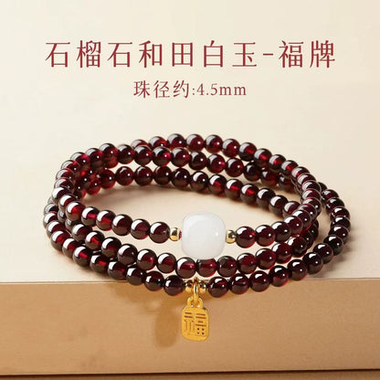 Garnet Jade Beaded Bracelet for Women | Vintage Design with White Jade & Golden Charm - STAR8S